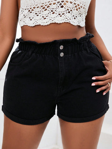Plus Size Women's High Waisted Loose Fit Button Fly Black Denim Shorts