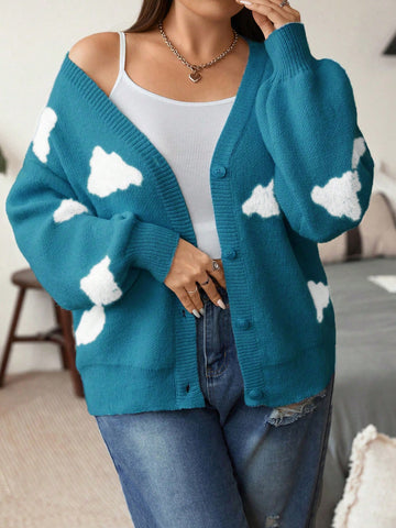 Plus-Size Unique Blue Cloud Patterned Cardigan Sweater
