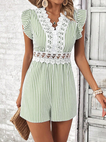 Women's Stylish Summer Short Flare Sleeve Striped Jumpsuit With Lace Detailing