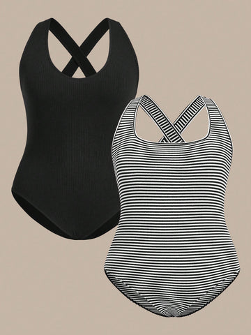 Women's Striped Knit U-Neck/Square-Neck Plus Size Bodycon Bodysuits, 2pcs/Set Suitable For Summer