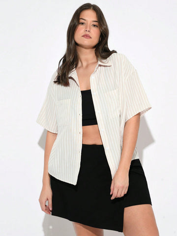 Women's Woven Striped Oversized Shirt With Collar For Plus Size