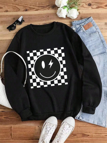 Checker Patterned Emoji Printed Round Neck Sweatshirt