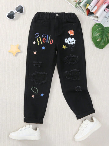 Tween Girls' Cute Graffiti Print Ripped Mom Jeans For Streetwear