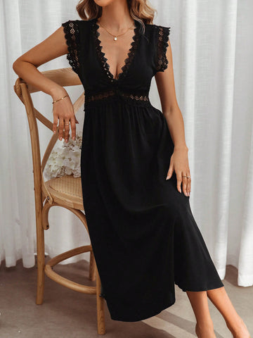 Summer Vacation Wedding Season, Exquisite Contrast Guipure Lace Overlap Collar Flutter Butterfly Sleeve Wrap Style Waist Cinched Plunging Neck A-Line Dress, Summer Clothes, Cute Dress, Elegant Romantic, Swimsuit Dress, Boho Chic