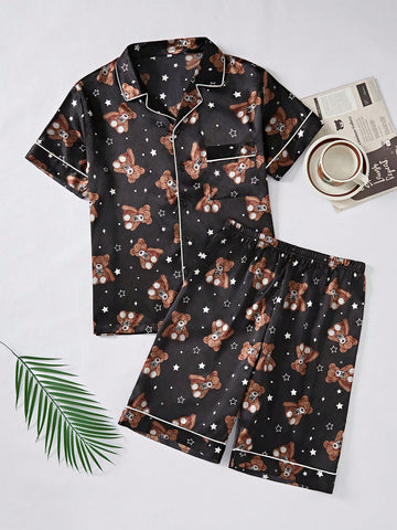 Men's Notched Collar Short Sleeve Shirt & Shorts Casual Two-Piece Homewear Set With Bear & Star Print