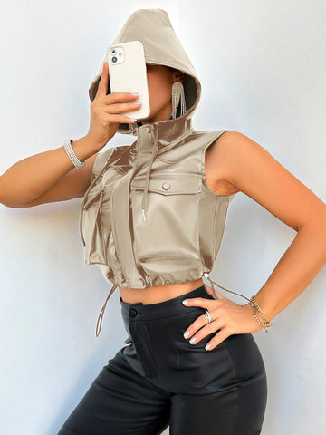 Women's Fashionable Solid Color Short Sleeveless Jacket