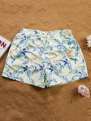 Men's Beach Shorts With Drawstring Waistband And Plant Print