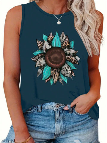 Women's Summer Floral Printed Round Neck Sleeveless Tank Top