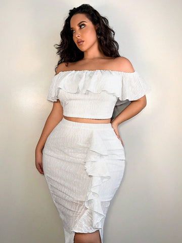 Plus Size Summer Elegant White One Shoulder Ruffle Trim Textured Top And Bodycon Skirt Wedding Festival Outfits