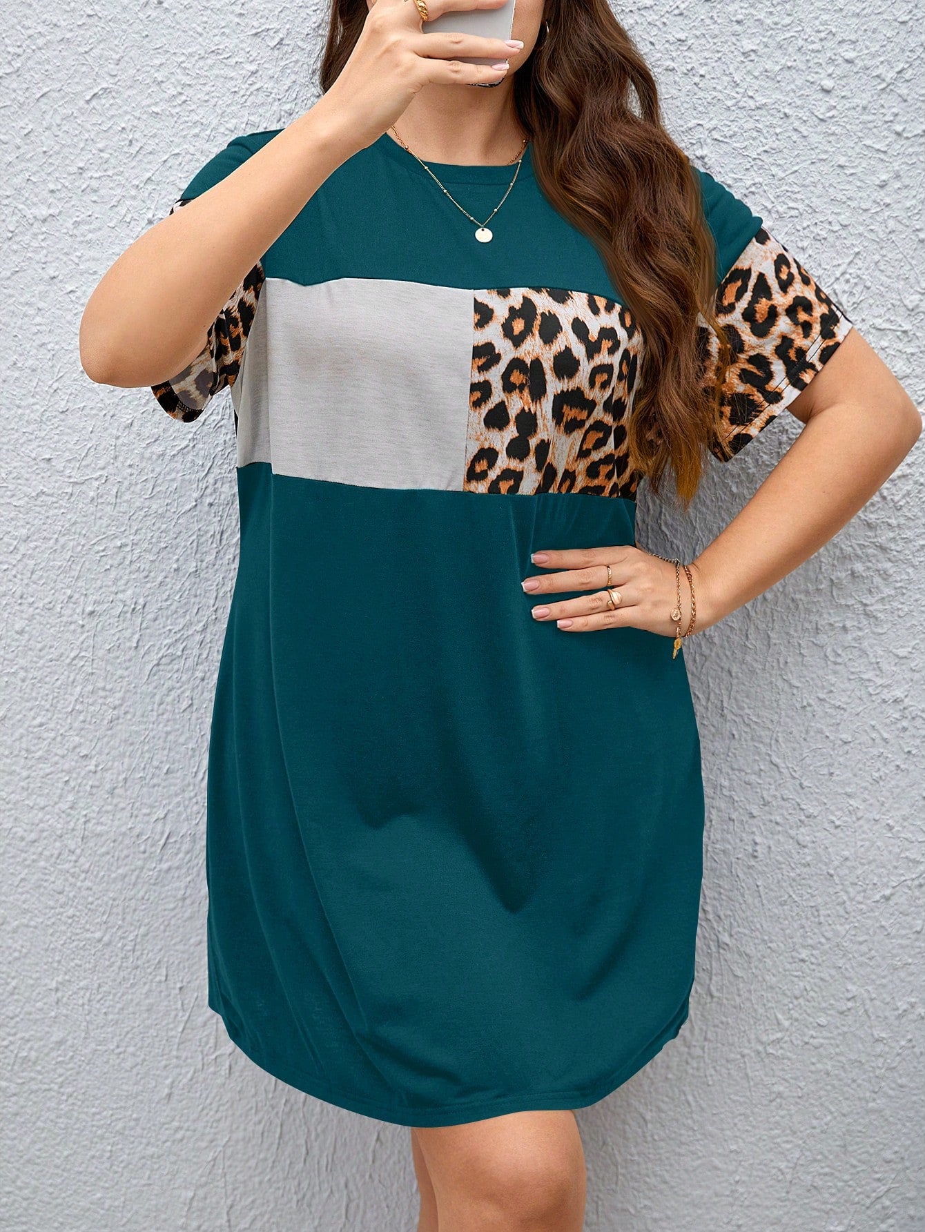 Plus Size Summer Casual Comfortable Color Block & Leopard Print Splice Dress