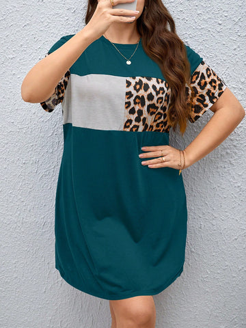Plus Size Summer Casual Comfortable Color Block & Leopard Print Splice Dress