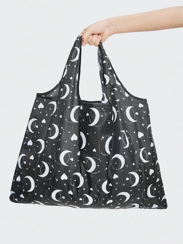 Cartoon Full Moon Pattern Storage Bag With Large Capacity, Foldable Reusable Shopping Tote Bag With Coin Purse