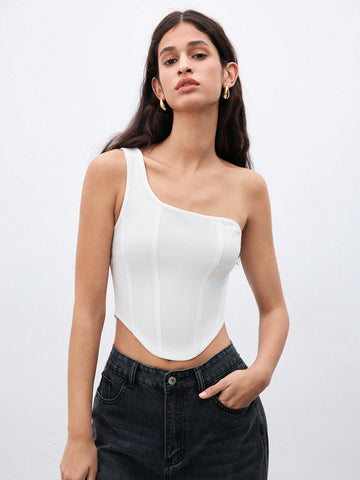 Solid Color Summer Casual Asymmetrical Hem One-Shoulder Fashionable Top, Open Shoulder