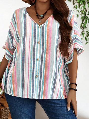 Plus Size Women's Summer Colorful Striped Button-Down Shirt With Decorative Buttons