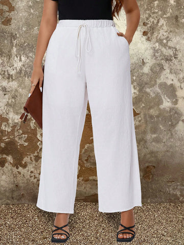 Plus Size Women's Casual White Straight Leg Trousers With Waist Belt