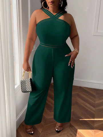 Elegant And Commute Style Lady Jumpsuit With Cross V-Neck, Wide Leg Trousers, Plus Size, Summer