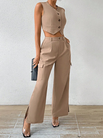 Women's Fashionable Sleeveless Lapel Vest + Straight Suit Pants Set