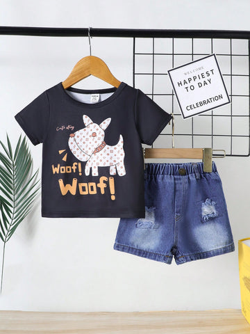 Baby Boy's Spring/Summer Casual Daily Wear T-Shirt And Denim Shorts Set With Vintage Dog Print