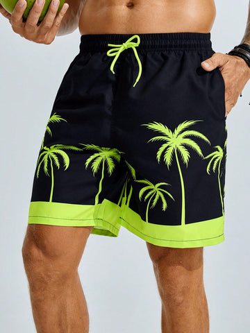 Men's Color Blocking Plant Printed Two Tone Drawstring Beach Shorts With Pockets, Summer