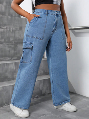 Plus Size Women's Fashionable Loose Fitting Straight Jeans With Pocket And No Elasticity, Workwear Style