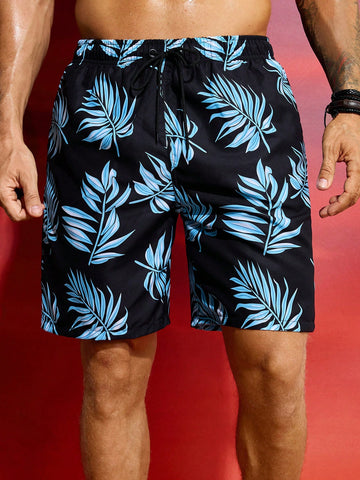 Men's Leaf Print Drawstring Beach Shorts, Suitable For Summer
