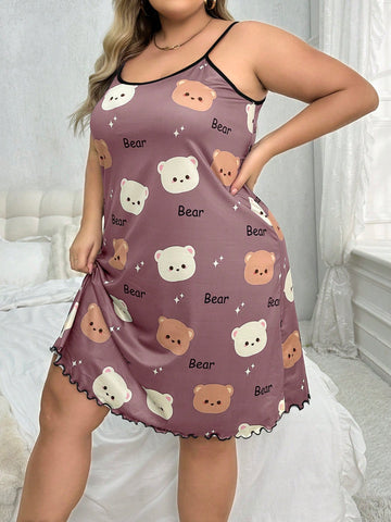 Plus Size Women's Cute Bear Printed Spaghetti Strap Nightgown