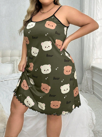 Plus Size Women's Cute Bear Printed Casual Cami Sleep Dress