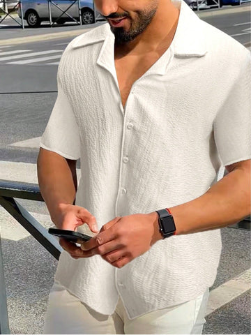 Men's Summer Solid Color Turn Down Collar Short Sleeve Shirt