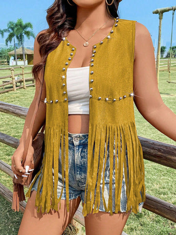 Plus Size Summer Vest Jacket Featuring Beaded Detailing, Open Front And Fringed Hem