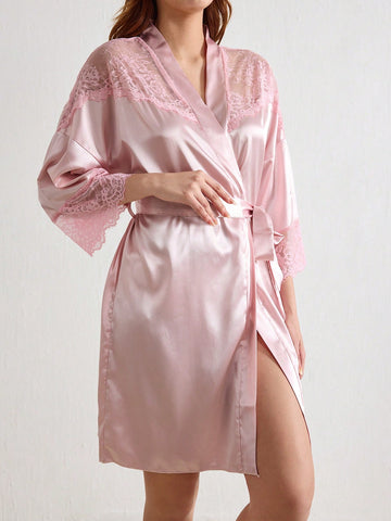 Women's Contrast Lace Drop Shoulder Long Sleeve Nightgown