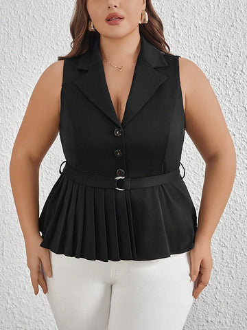 Plus Size Elegant Black Blazer With Asymmetrical Hem, Back With Perspective Lace And Waist Shaping Design Without Sleeves, Suitable For Work And Shopping In Spring And Summer