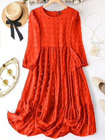 Plus Size Solid Color Round Neck Dress With Ruffle Hem