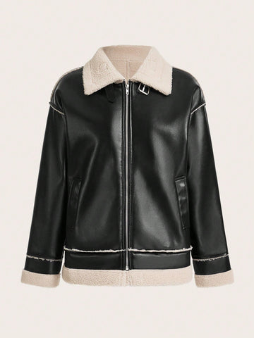 Women's Contrast Color Lapel Drop Shoulder Long Sleeve Regular Faux Leather Jacket