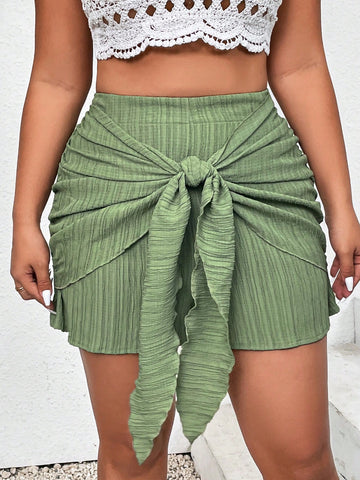 Solid Color Textured Front Tie Shorts
