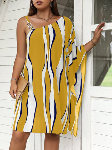 Plus Size Asymmetrical Neck Clash Color Printed Vacation Dress