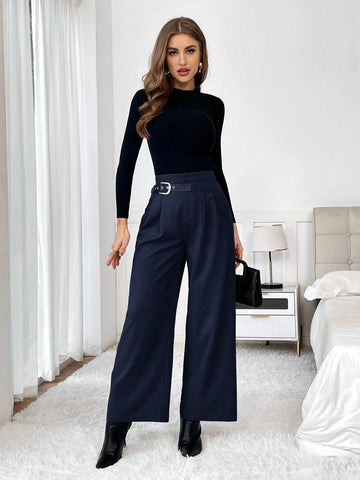 Women's Plain Color Simple Belt Decorated Suit Pants
