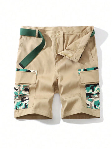 Men's Simple Camouflage & Khaki Color Block Casual Shorts For Daily Wear