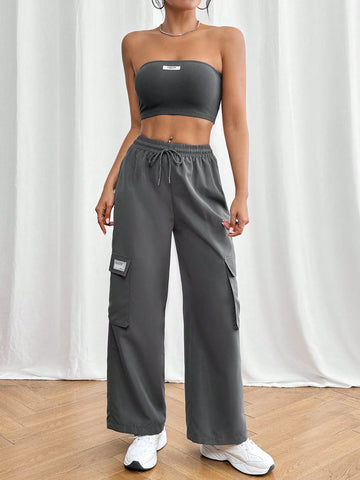 Women's Fashionable Simple Solid Color Strapless Top And Long Pant Two-Piece Set