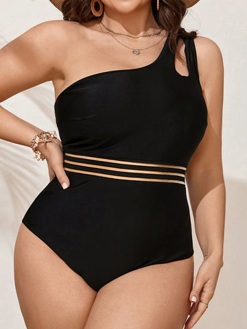 Fashionable Plus Size Women's Solid Color One Shoulder Swimsuit