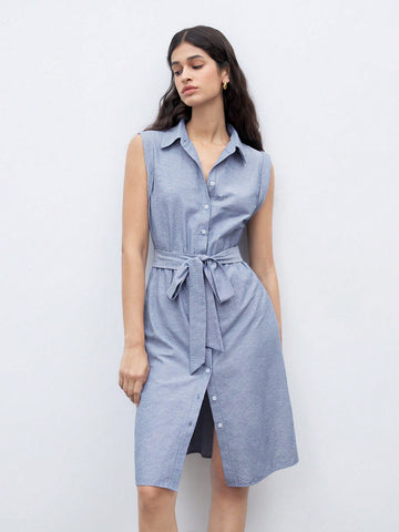 Ladies' Summer Solid Color Sleeveless Shirt Dress With Single Row Buckle Design