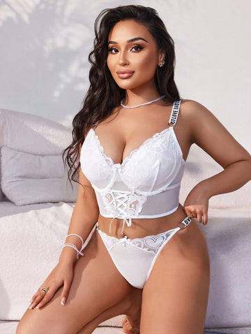 Plus Size Solid Color Lace Patchwork Bra & Panties Set With Tie-Up Detailing (Valentine's Day Edition)