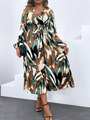 Plus Size Women's Long Lantern Sleeve Holiday Style Dress With All-Over Print And Waist Tie