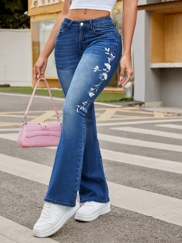 Women Floral Embroidery Low Waist Jeans