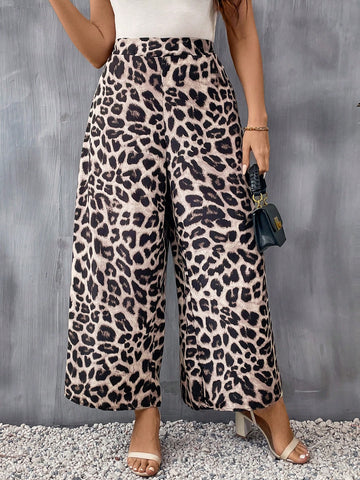 Leopard Print & Striped Pattern Plus Size Wide Leg Pants