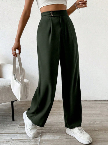 Solid Color Pressed Pleats Casual Straight Leg Dress Pants
