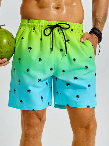 Men Color-Block Drawstring Beach Shorts With Pockets And Plant Print (Tailored Fit)