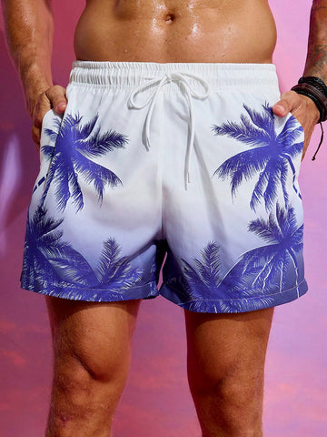Men Fashionable Gradient Color Coco Tree Printed Beach Shorts