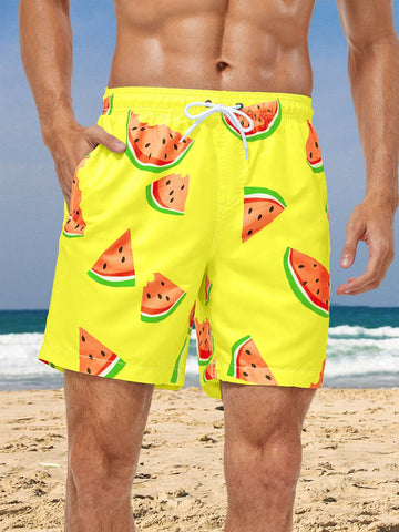Men's Fashionable Watermelon Print Holiday Beach Shorts (Irregular Cutting)