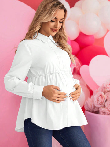 Maternity Spring Button Front Waist Cinched Casual Shirt