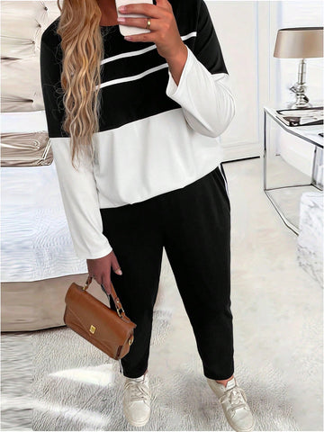 Plus Size Women's Striped Round Neck Long Sleeve T-Shirt And Pants Casual Two Piece Set For Spring/Summer